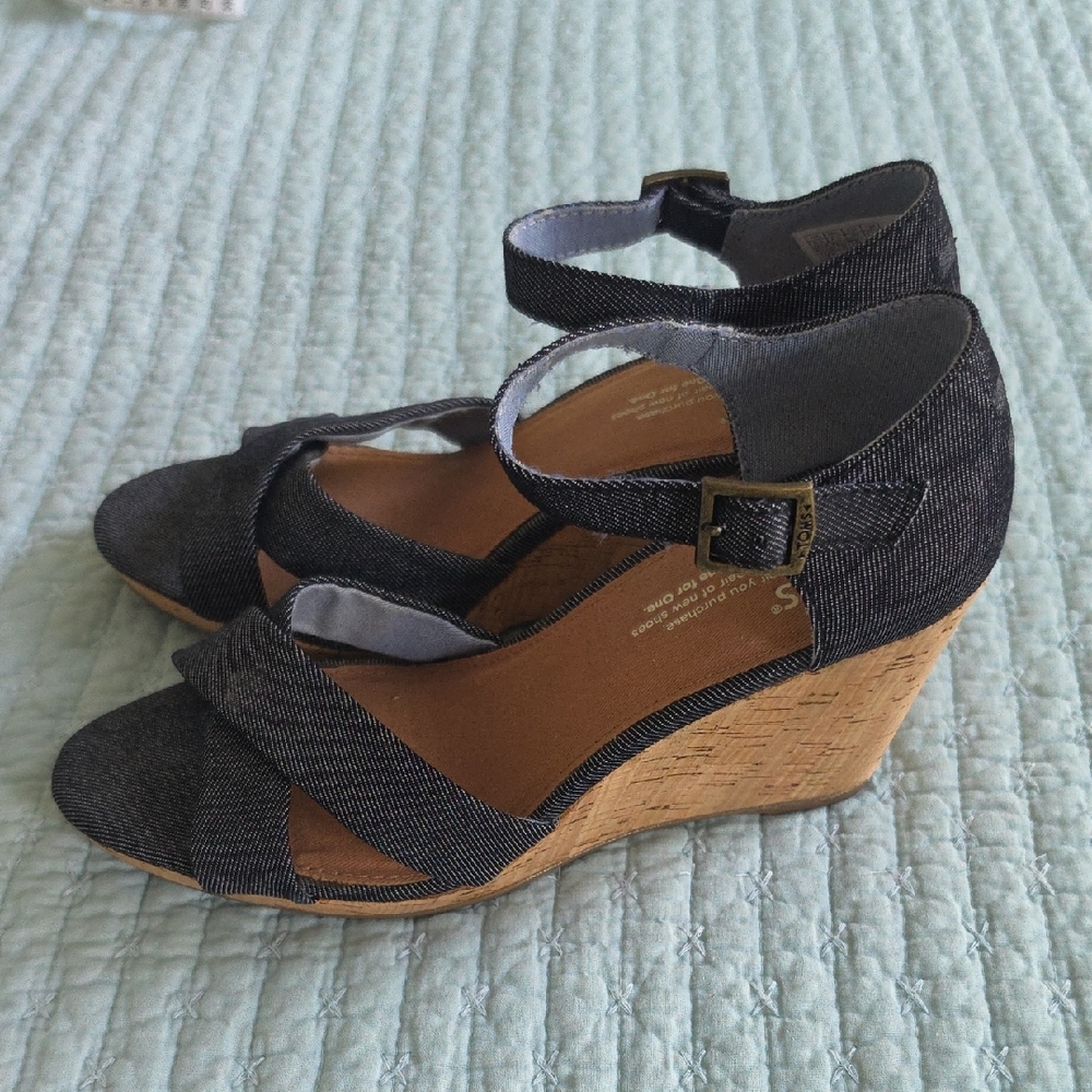 Toms Black Denim Wedge Sandals